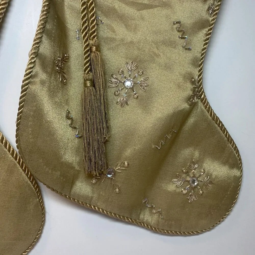 Christmas Stockings Gold Bead Embroidered Pair Holiday Decorations Presents